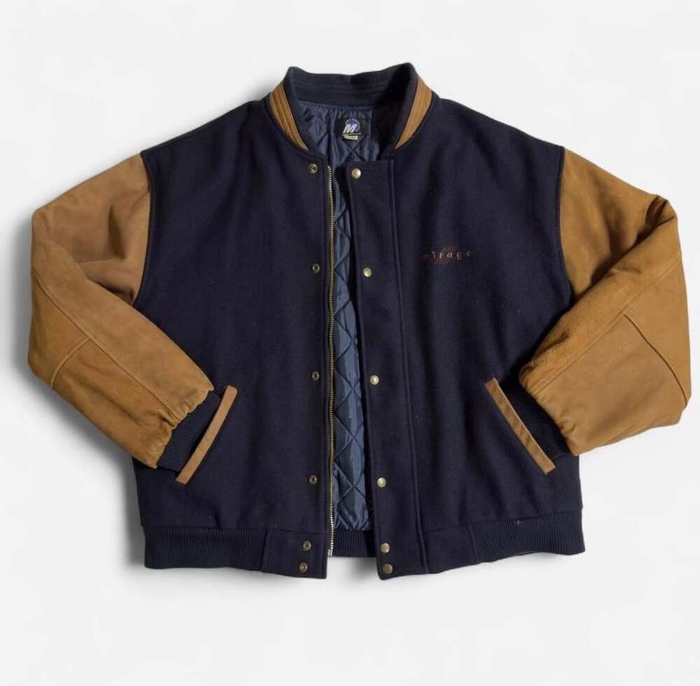 Mirage Modern Headwear Limited Wool and Leather Varsity Bomber Jacket Navy XXL